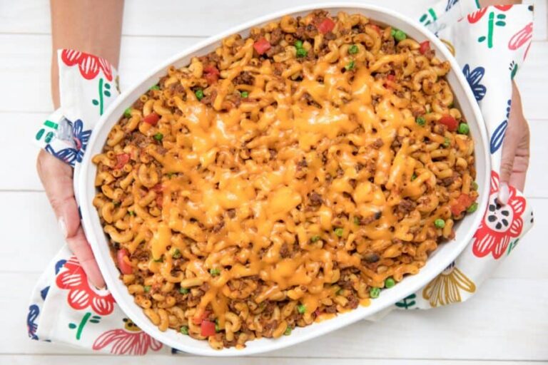 top down view of healthy homemade hamburger helper in a casserole dish