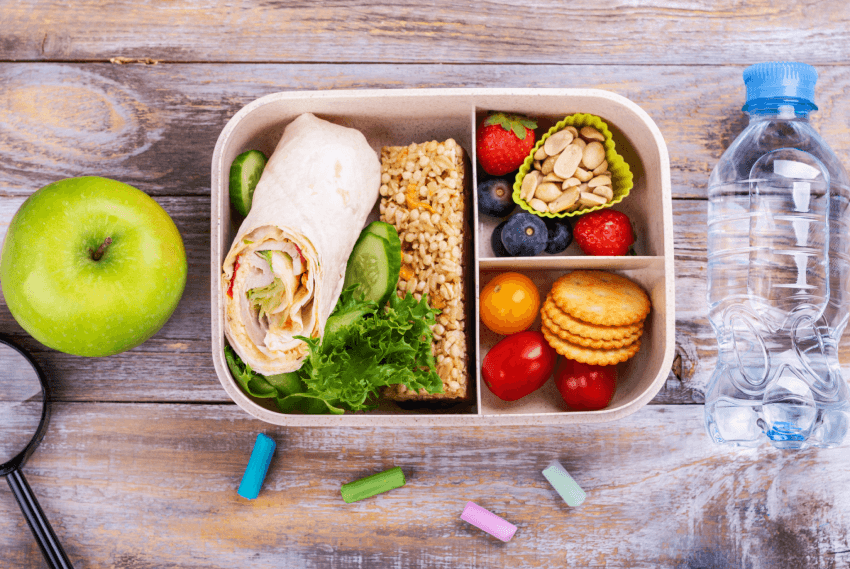 top down view of a school lunch box filled with school snack ideas