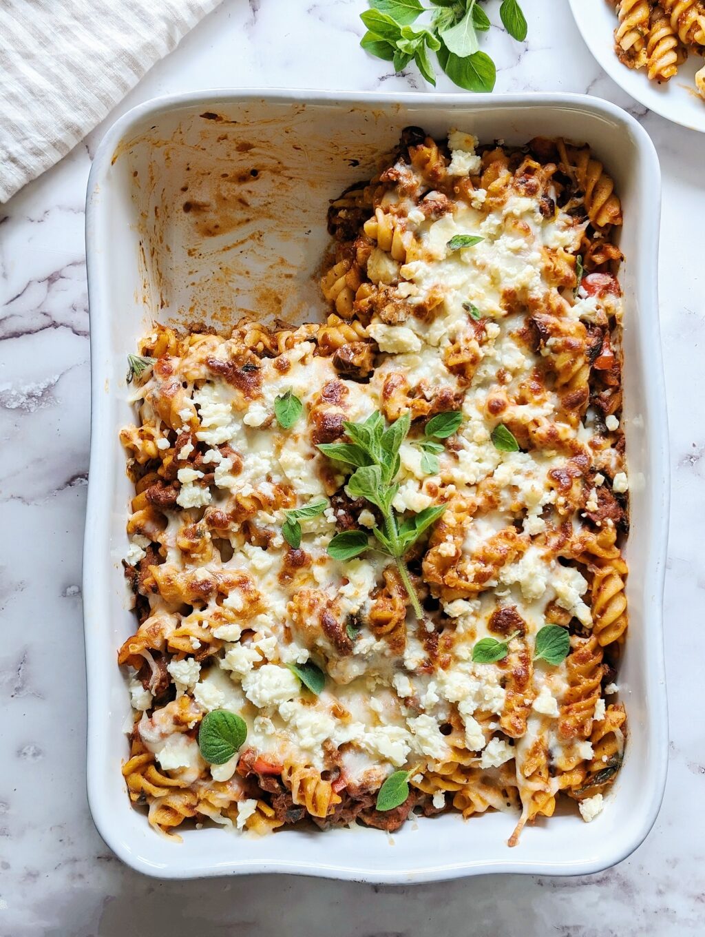 one pot Greek pasta bake top down view vertical