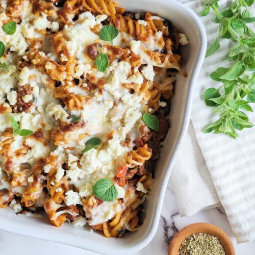 one pot Greek pasta bake top down view