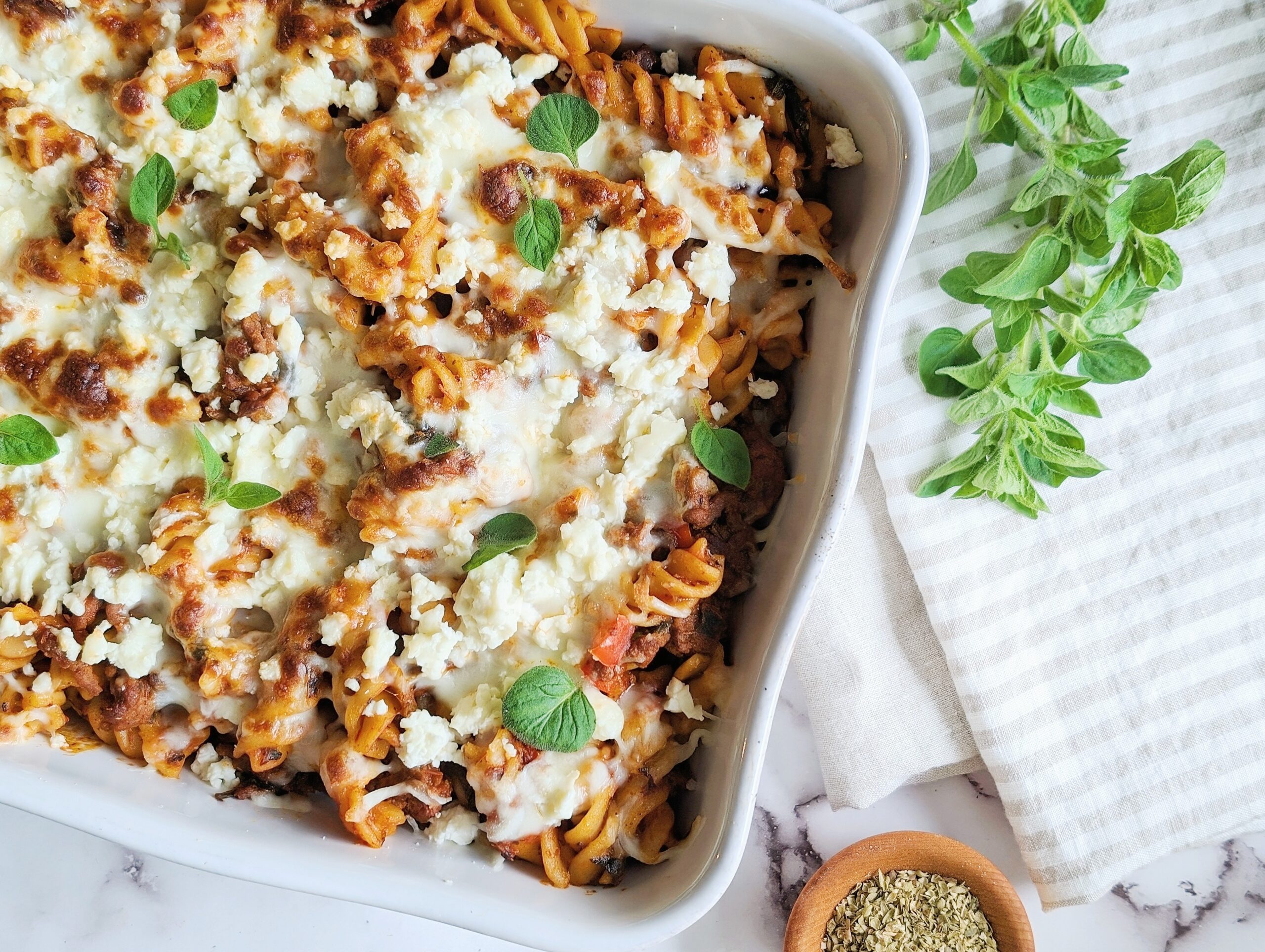 one pot Greek pasta bake top down view