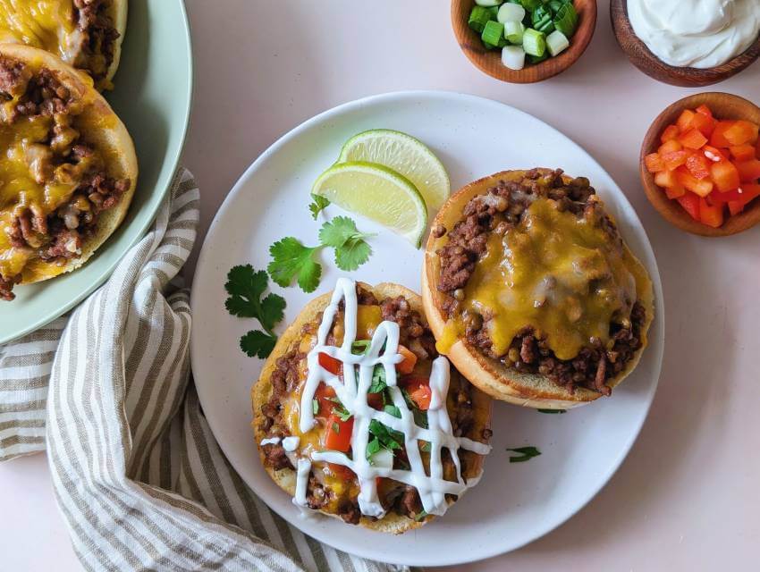 top down view of taco melts on a plate beauty shot