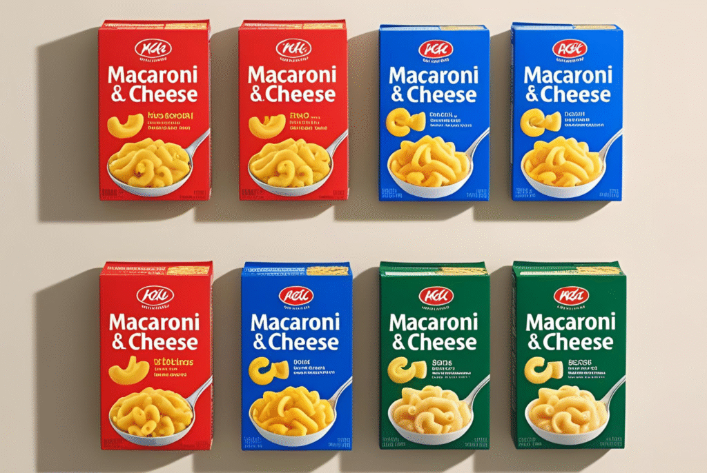 a bunch of nondescript boxes of mac and cheese for kids
