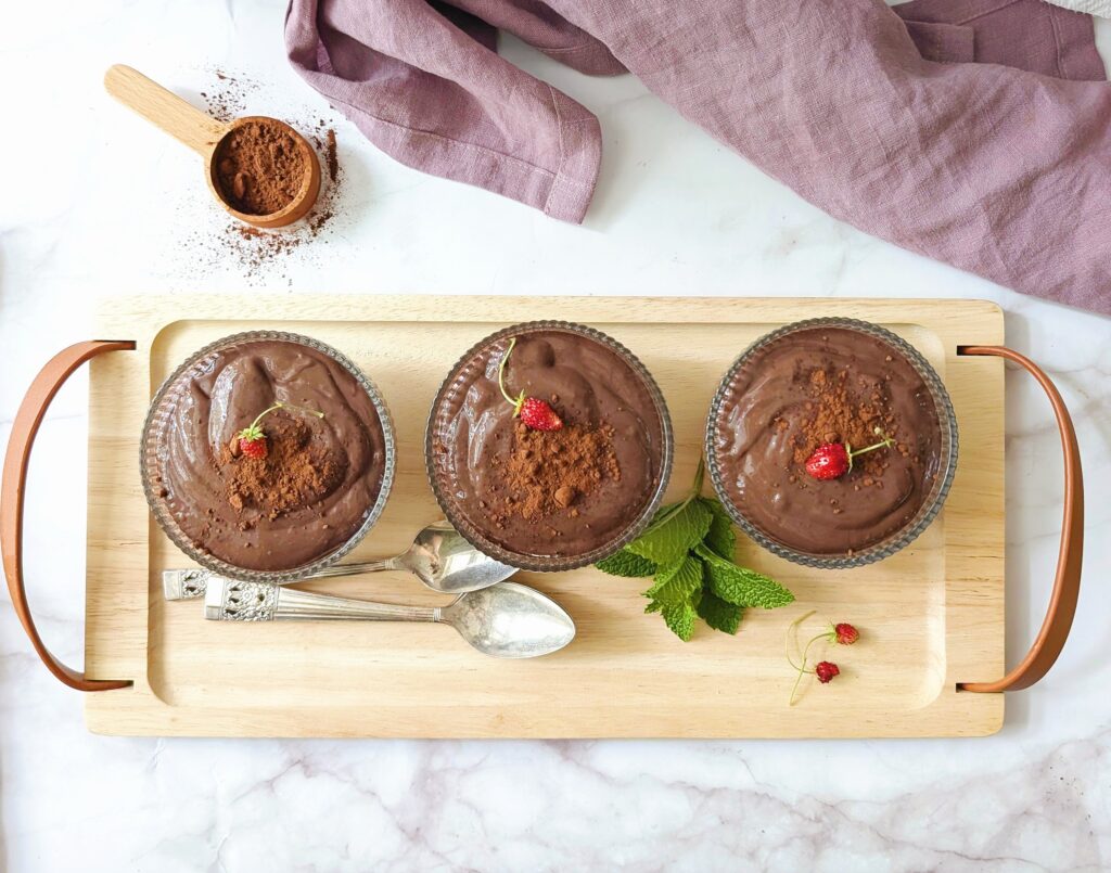 side view of chocolate pudding made with eggs
