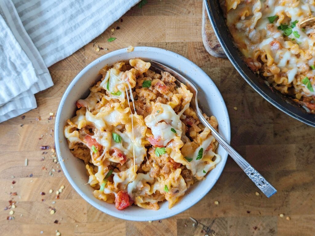 skillet lasagna served in a bowl