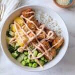 air fryer salmon bowls top down view