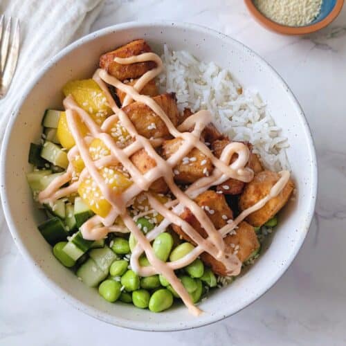 air fryer salmon bowls top down view