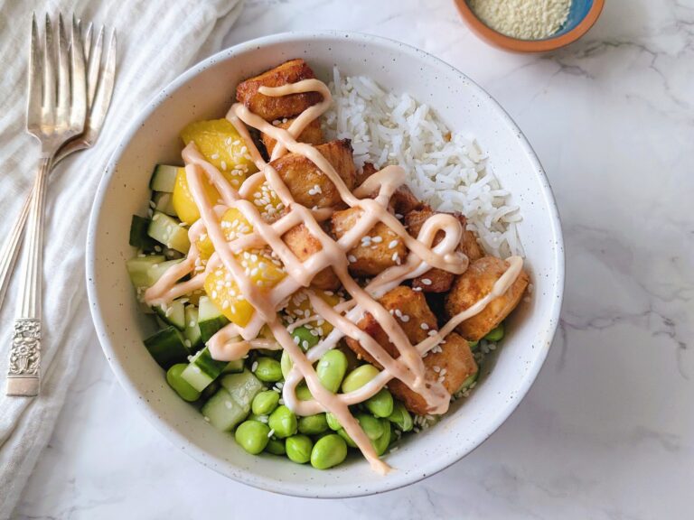 air fryer salmon bowls top down view