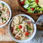 top down view of skillet pasta in bowls