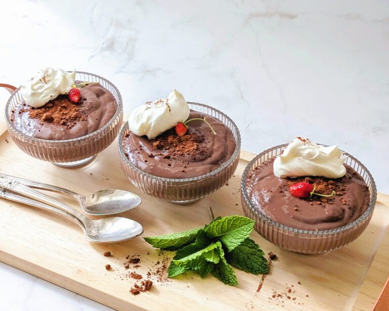 beauty shot of chocolate pudding made with hardboiled eggs