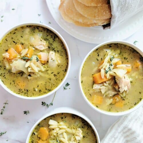 leftover turkey orzo soup top down in bowls