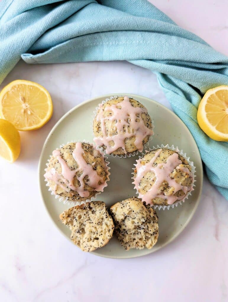 lemon poppy seed protein muffins with drizzle on top