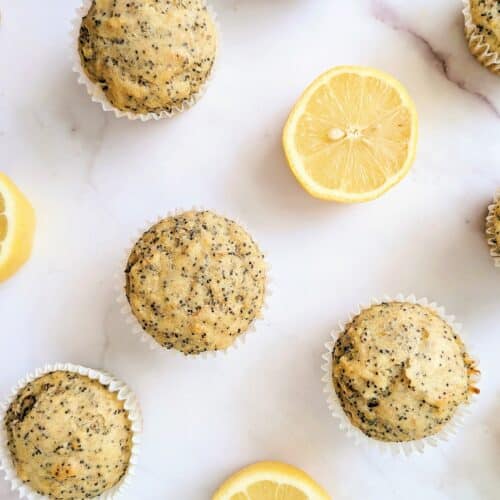 Top-down view of Lemon Poppyseed Protein Muffins