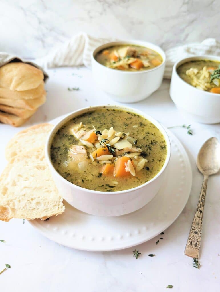 side view of leftover turky orzo soup with veggies