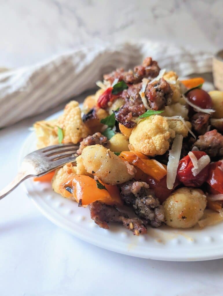 close up of a plate of sheet-pan gnocchi