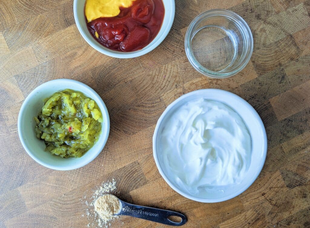 top down view of Big Mac sauce being assembled