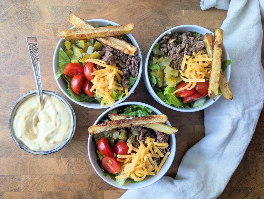 top down view of assembled cheeseburger bowls
