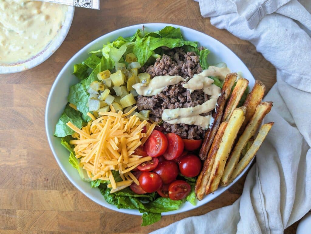 top down of beauty shot of cheeseburger bowls with fries