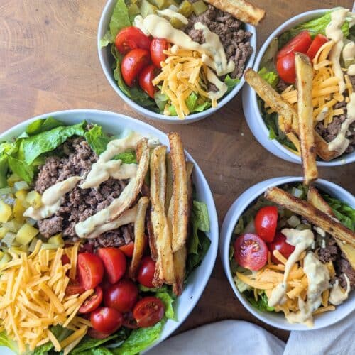 top down beauty shot of cheeseburger bowls assembled