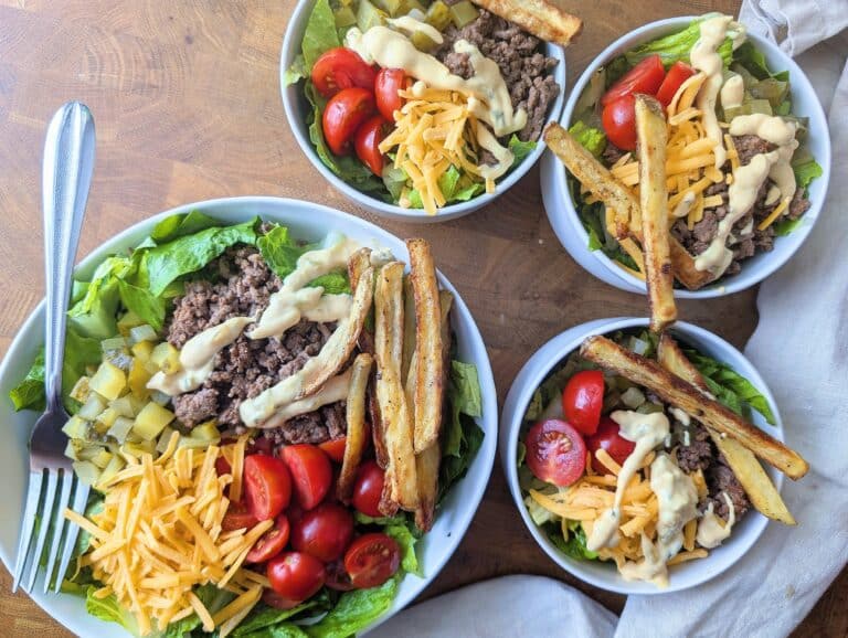 top down beauty shot of cheeseburger bowls assembled