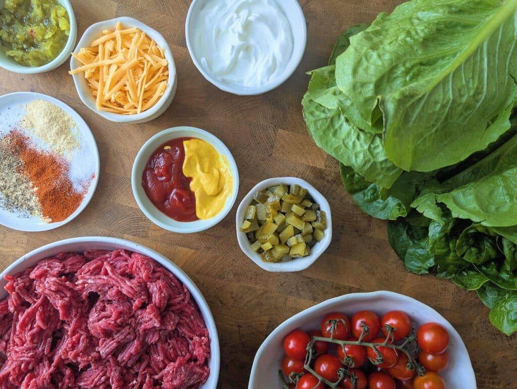 top down view of ingredients needed to make cheeseburger bowls