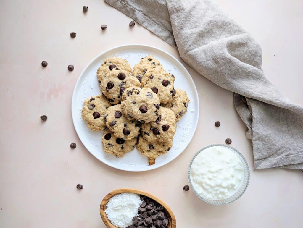 top down view of fluffy cottage cheese chocolate chip cookies on a plate