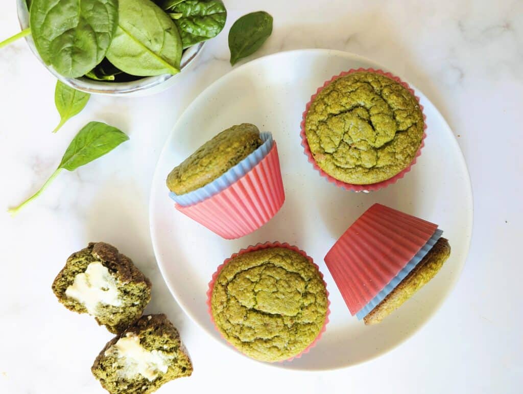 top down view of green monster blender muffins on a plate