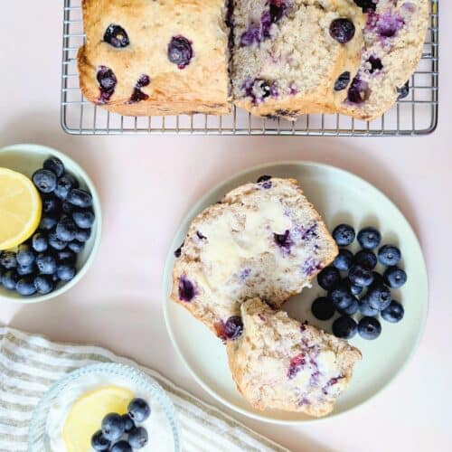 top down view of healthy lemon blueberry snacking loaf on a plate