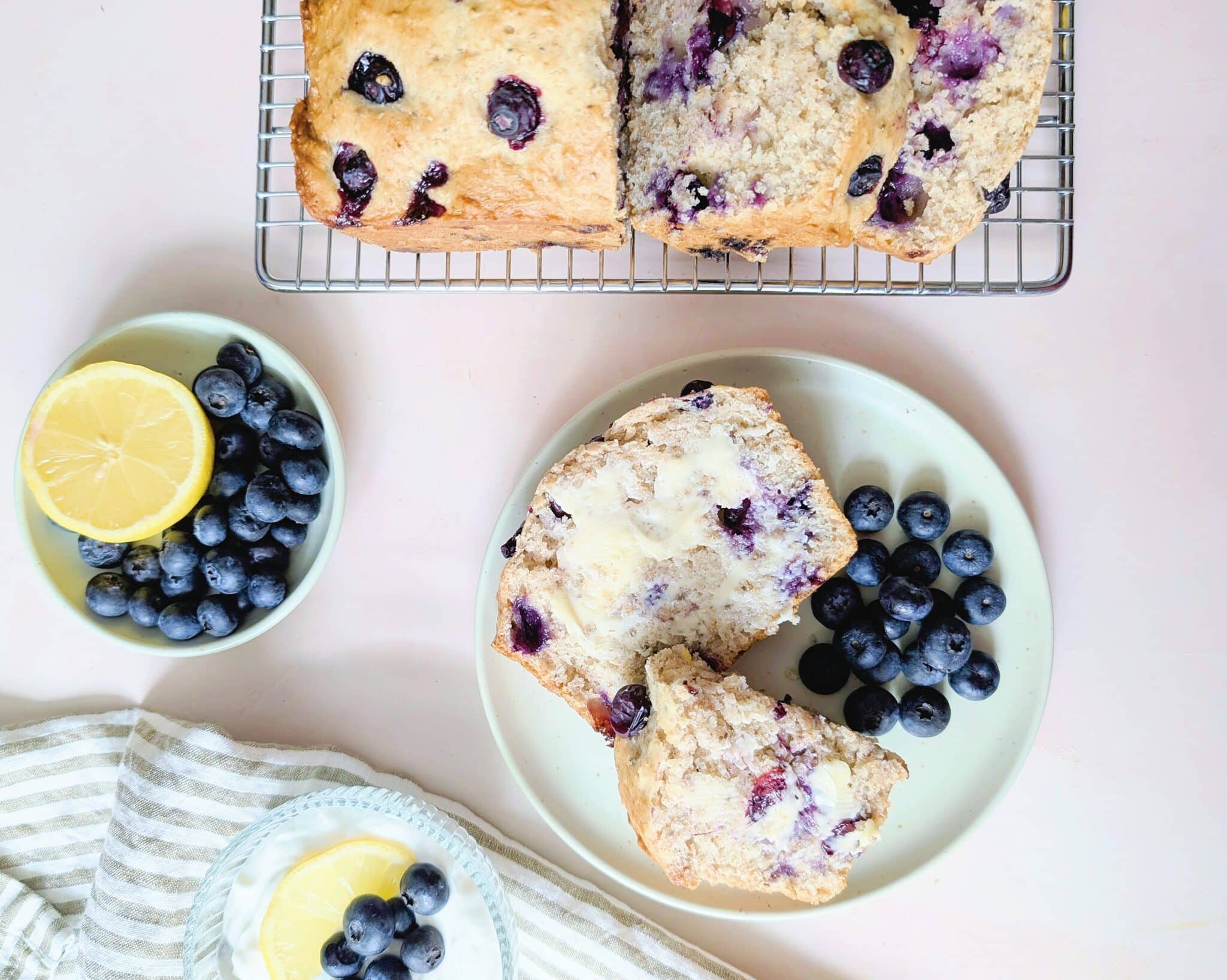 top down view of healthy lemon blueberry snacking loaf on a plate