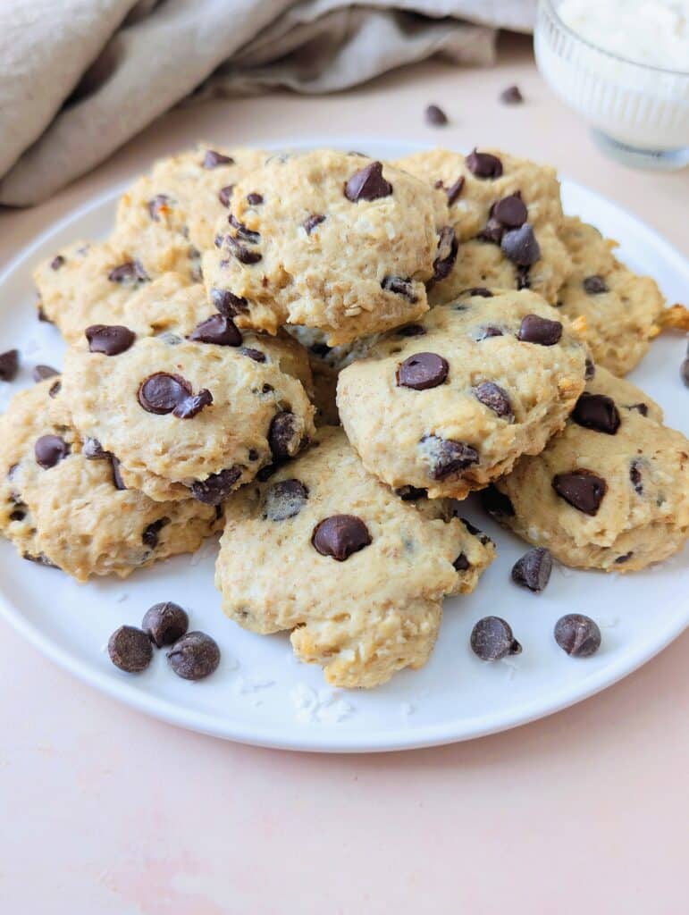 a big pile of cottage chese chocolate chip cookies on a plate