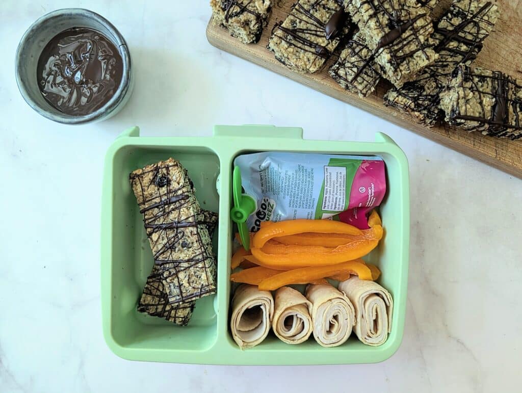 top down of granola bars in a lunch kit