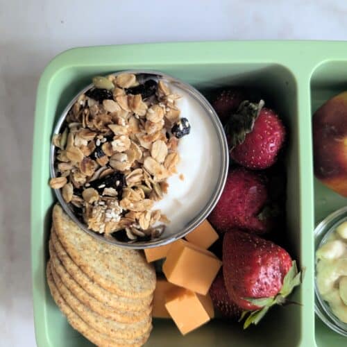 close up of air fryer granola in a school lunch box