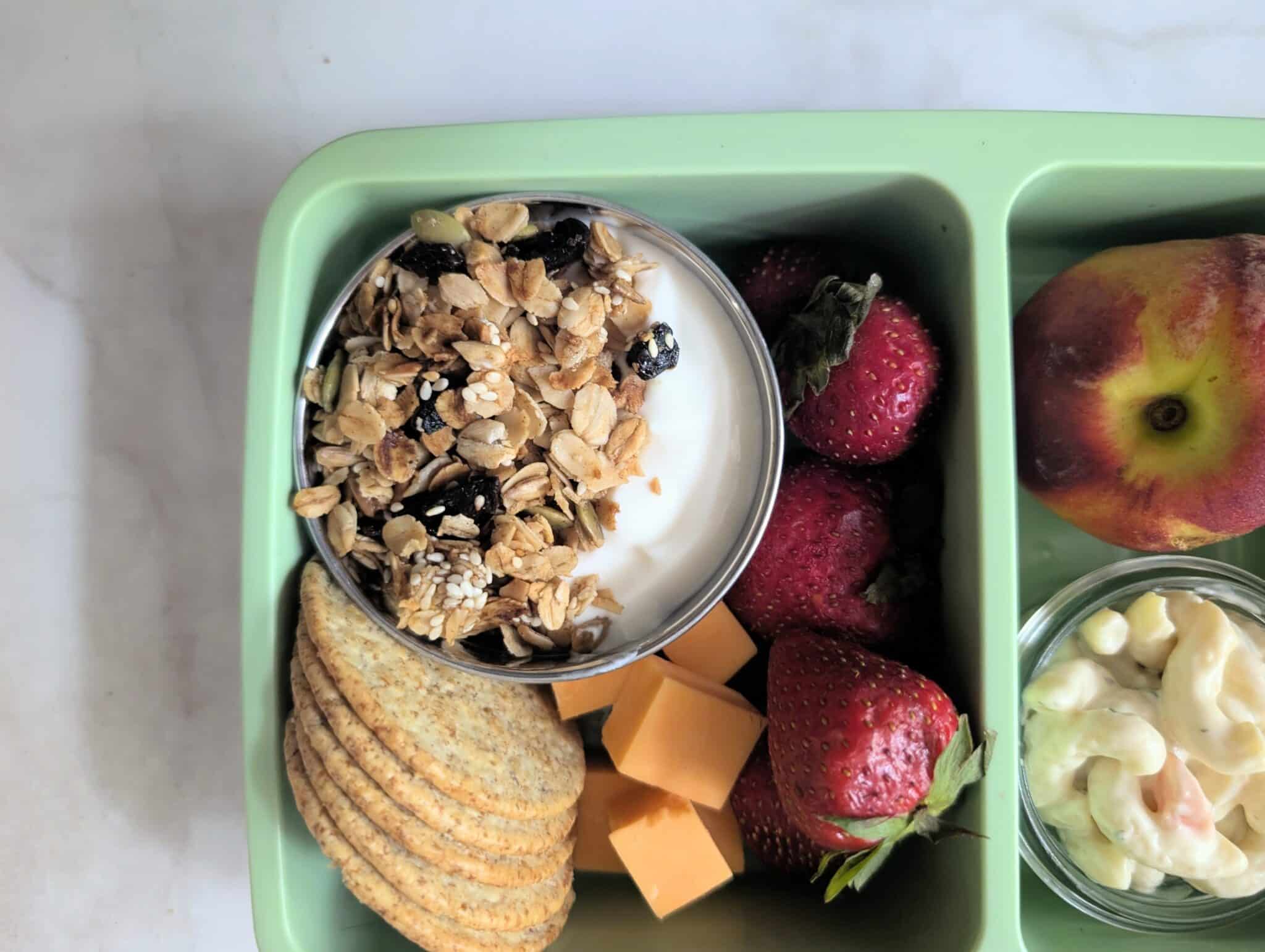 close up of air fryer granola in a school lunch box