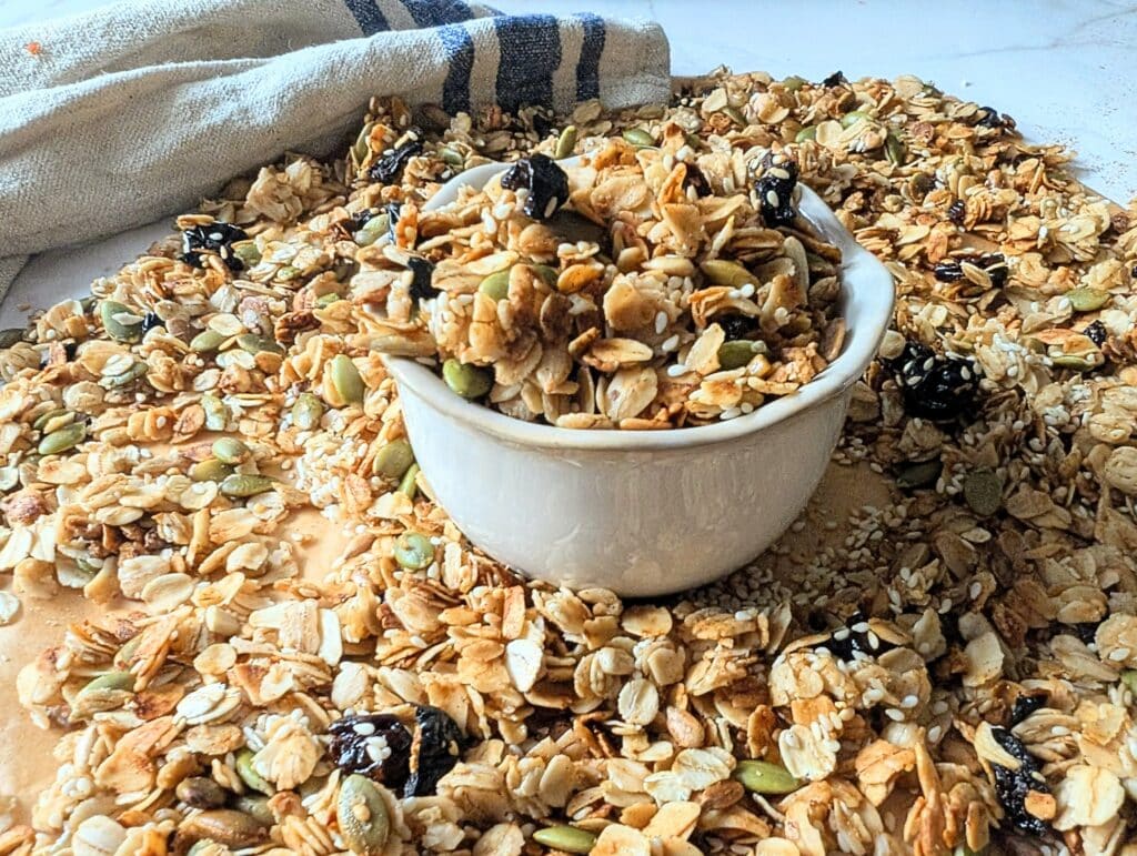 close up of air fryer granola in a cup