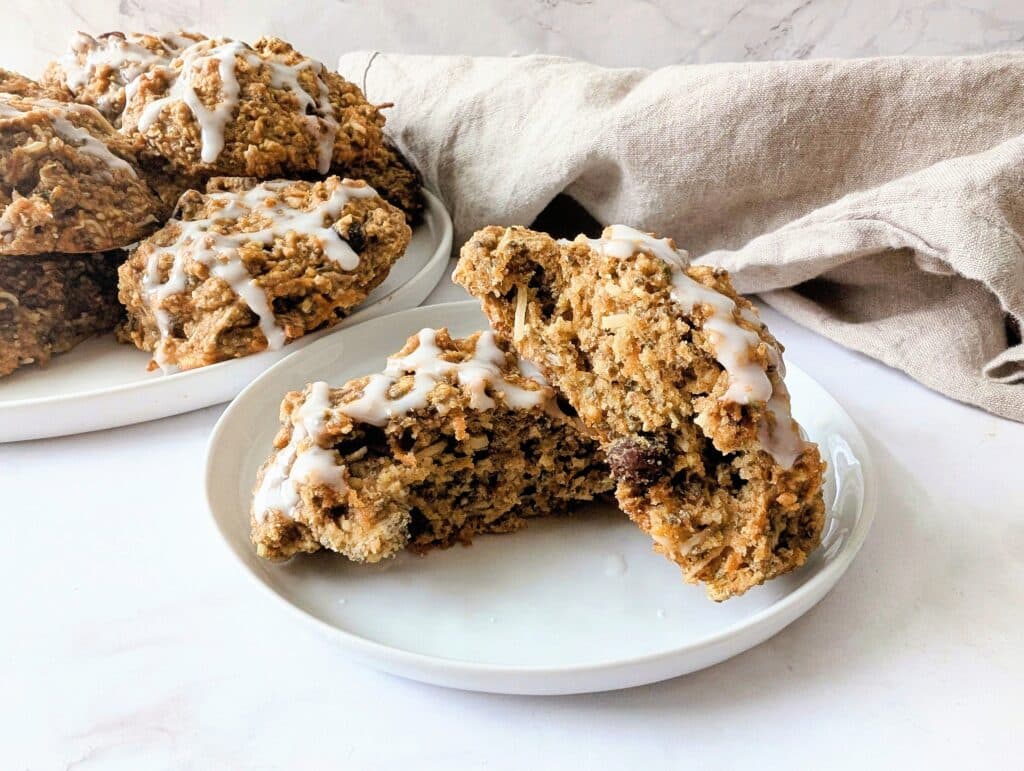 carrot cake cookies with drizzle on a plate