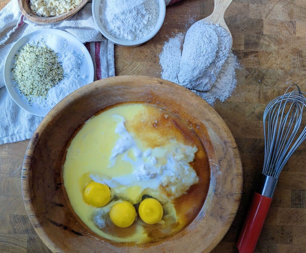 wet and dry ingredients for protein waffles