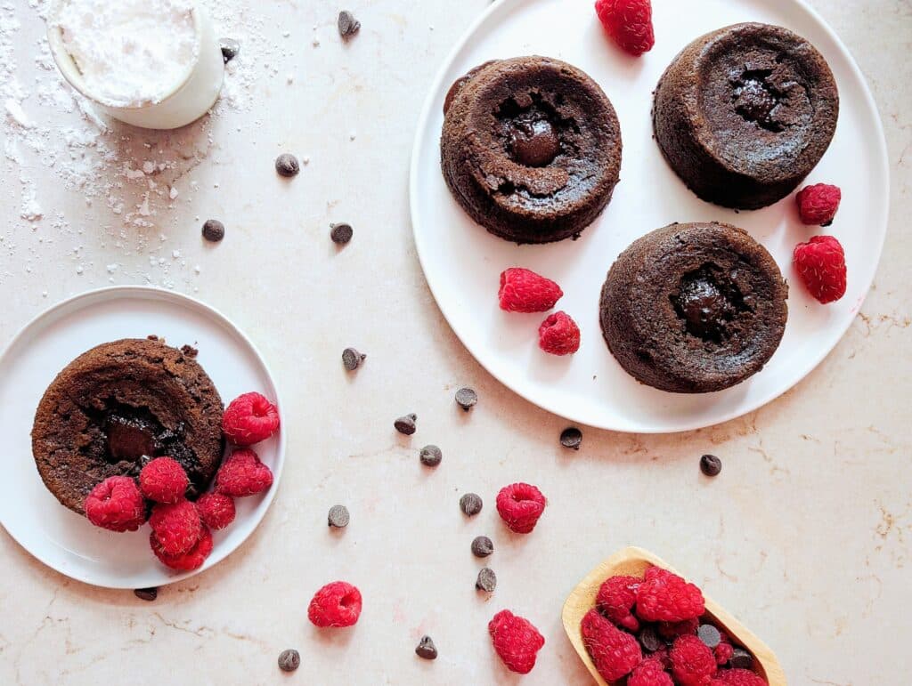 top down beauty shot of lava cakes on a plate without powdered sugar
