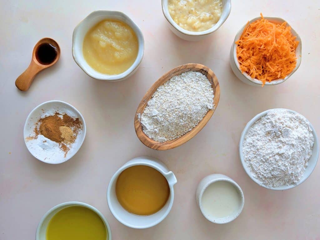top down view of ingredients needed for apple banana carrot muffins
