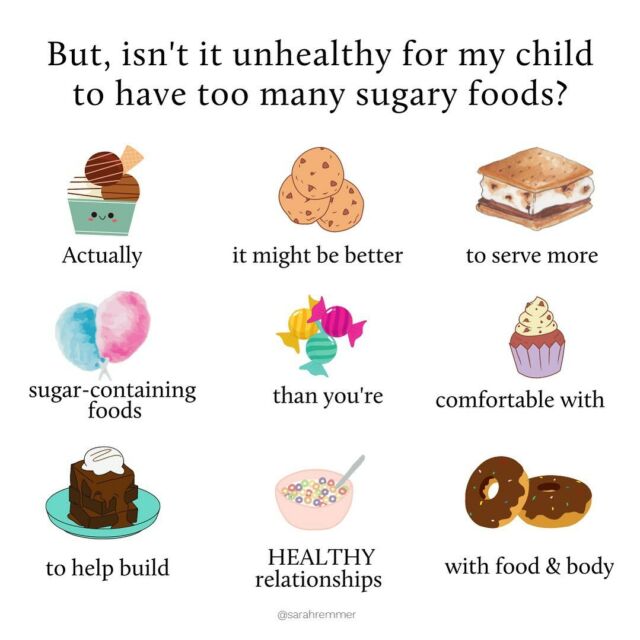 In order to help your child build a positive relationship with food, it might require you serving more sweets or less nutritious foods MORE often than you think you should or that you’re comfortable with. This is especially true if you have a child who is fixated on or obsessed with sweets and asks for them all of the time. Instinctually you may want to restrict them or put limits around them. This may give you peace of mind or help you to feel more in control, but really what it does is it increases the allure of these foods and creates more of a fixation on them, so when they DO have access, they tend to eat A LOT of them.

This doesn’t teach kids to feel calm around these types of foods or to enjoy them intuitively. In fact it can teach them to sneak them, hide them, over-consume them and can lead to disordered thoughts behaviours around food. 

Remember, sugar-containing food is not “bad” or “unhealthy”. It provides fuel and satisfaction and joy. Practice serving these foods more if you feel your child may need more exposure (to feel calmer around them), alongside other foods or on their own. 

Read more here: https://www.sarahremmer.com/what-is-food-neutrality-and-why-is-it-important-for-your-child/

#foodneutrality #foodneutralhome #antidiet #antidietkids #dismantlingdietculture #dietitianapproved #feedingkids #intuitiveeating