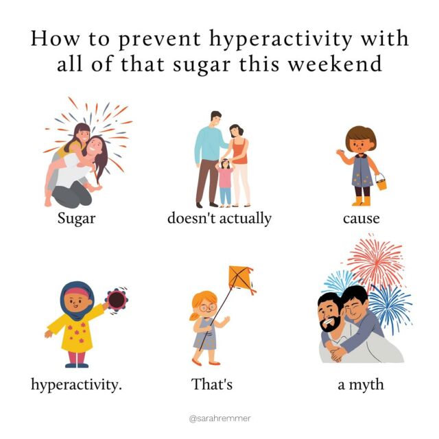 If there’s one message I hear a lot of around sugar it’s this: sugar causes kids to be hyper!! 

But guess what? It actually doesn’t. It’s a myth! Although so many parents swear that sugar makes their kids hyperactive, a substantial body of evidence shows there’s actually no link between the two! 

The sugar-hyperactivity myth is based on one single study from the mid 1970’s, where a physician removed the sugar from one child’s diet and saw behaviour improvement. Since then, over a dozen larger studies have been conducted without showing that sugar causes any hyperactivity. Evidence here if you’re interested!! : https://jamanetwork.com/journals/jama/article-abstract/391812

You know what causes kids to be energetic and excited?? Celebrations! Holidays! Other kids! Exciting environments! 

So let’s put that myth to rest once and for all 😘

Happy weekend (and end of school year!) ❤️

#longweekend #schoolsout #debunking #debunkingmyths #debunkingnutritionmyths #evidencebased #dietitian #kidsnutrition #sugarmyths #nutritionforkids #dietculture #feedingkids #canadaday